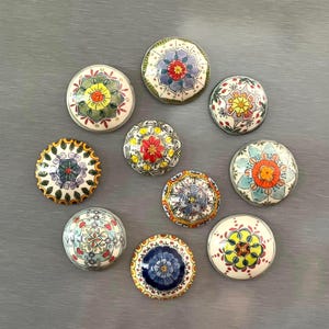 Handmade Mandala Magnets, Hand Painted Porcelain refrigerator Magnets