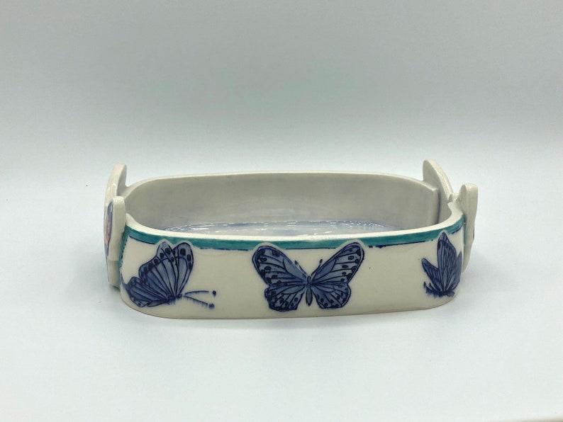 mishima,blue botanical garden Hand made and painted Blue butterfly fruit bowl sgraffito porcelain bowl