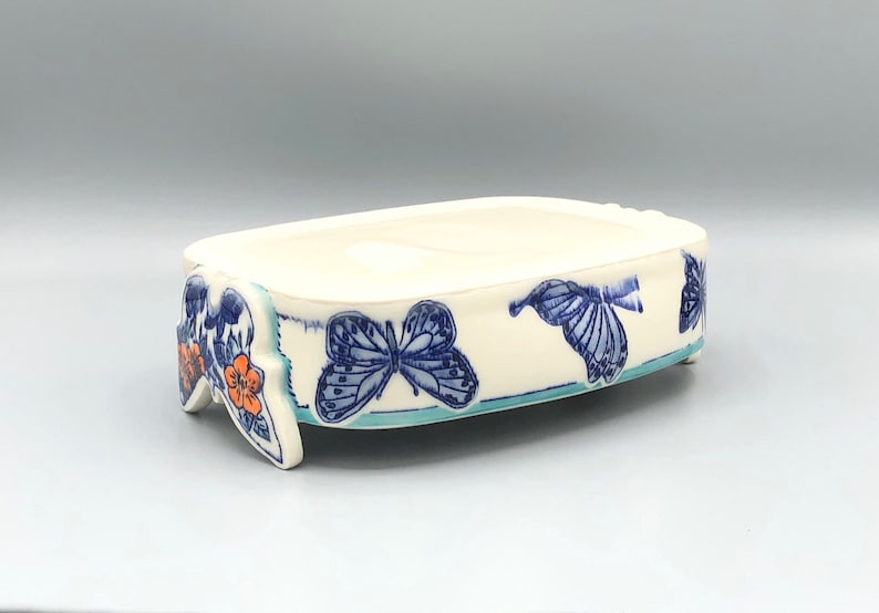 mishima,blue botanical garden Hand made and painted Blue butterfly fruit bowl sgraffito porcelain bowl