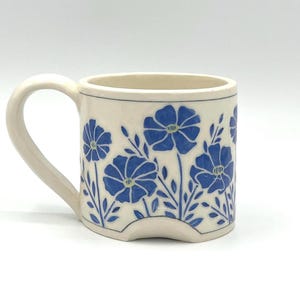 Blue Flower Coffee Mug - Fine Art Ceramics hand carved Tea Cup - Handmade Botanical Pottery