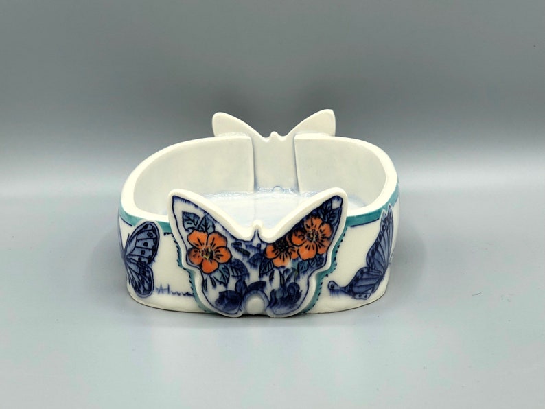 mishima,blue botanical garden Hand made and painted Blue butterfly fruit bowl sgraffito porcelain bowl