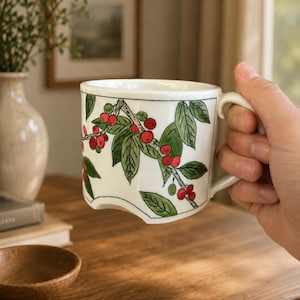 Coffee Cherry Mug, Handmade Tea Cup, Hand Painted Pottery