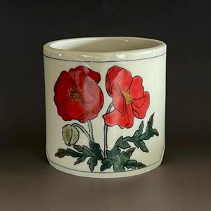 Red Poppy Planter: Handmade Fine Art Ceramic Herb Pot