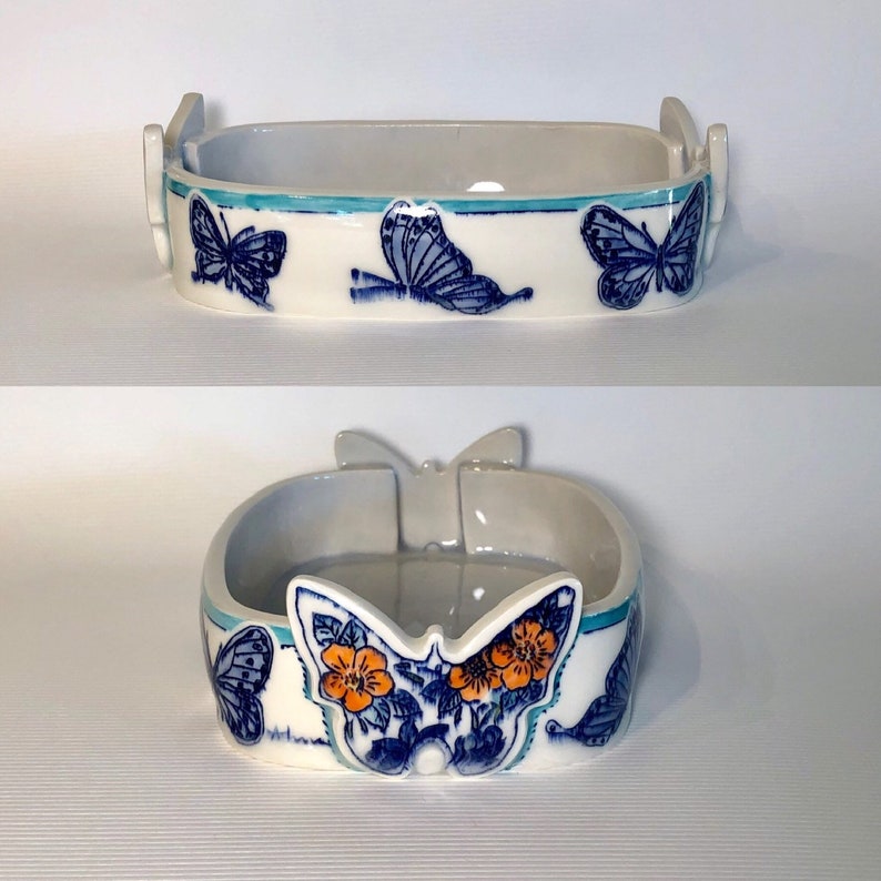 mishima,blue botanical garden Hand made and painted Blue butterfly fruit bowl sgraffito porcelain bowl