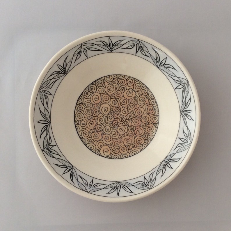 mishima sgraffito porcelain bowl pottery bowl botanical soup bowl Wheel thrown Hand painted and carved flowers plate Rose
