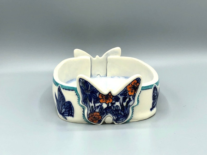 mishima,blue botanical garden Hand made and painted Blue butterfly fruit bowl sgraffito porcelain bowl