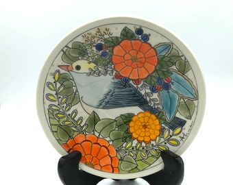 Bird and flower dish handmade, hand painted, mishima bowl, fine art ceramics