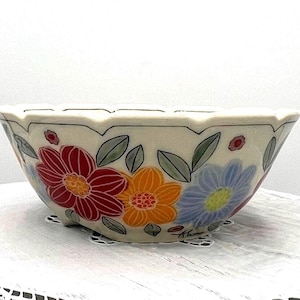 Soup bowl, noodle bowl, hand painted flower trinket bowl, handmade sgraffito pottery, fine art ceramics