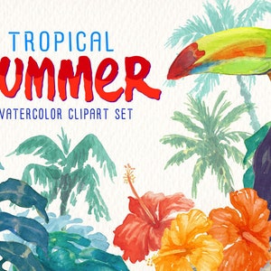 Aquarell-Clipart-Set mit tropischem Sommermotiv. Ideal für druckbare Produkte, zum Dekorieren von Karten, Postern, Aufklebern, T-Shirts und Web-Scrapbooking.