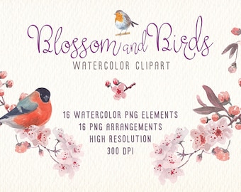 BLOSSOM AND BIRDS watercolor clip art design elements collection ideal for products such as posters, greetings, cards, scrapbooking,...