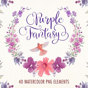 Watercolor flowers clipart. Purple fantasy png elements