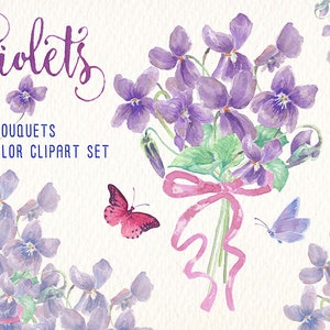 Aquarell Veilchen Blumen Clipart Set Ideal für bedruckbare Produkte, Dekorationskarten Poster Aufkleber T-Shirts Web Scrapbooking