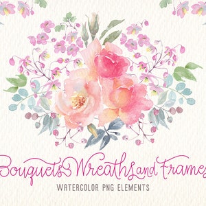 Watercolor bouquets, wreaths, and frames. PNG clipart set. Ideal for printable cards, posters, stickers, and congratulations.