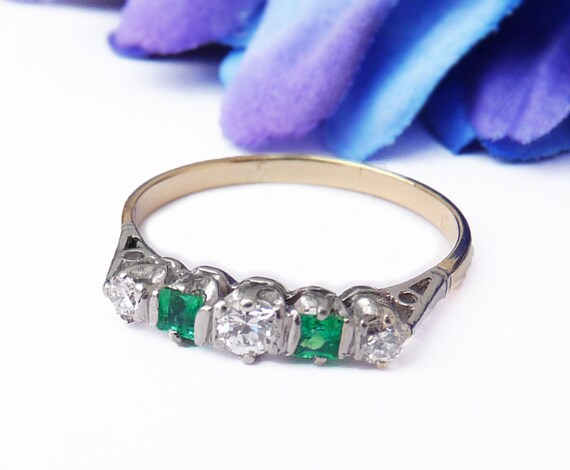 Second Hand 1960s 18ct Emerald Diamond Five Stone Half Eternity