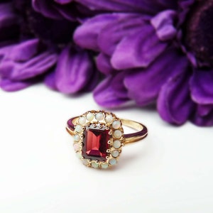 Vintage Inspired Garnet & Opal Rectangular 9ct Gold Cluster Ring