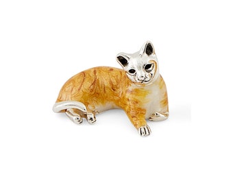 Handmade Solid Silver & Enamelled Medium Ginger Cat Ornament