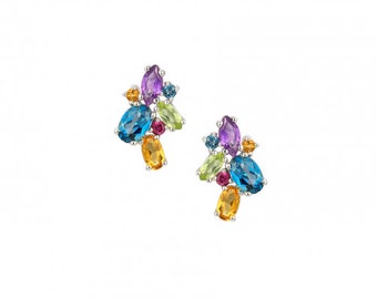 Multi Stone Rainbow Genuine Gemstone Silver Cluster Stud Earrings