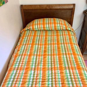 Retro Orange and Green Plaid Twin Bedspread, Vintage Plaid Bedspread, Vintage 70's Orange Plaid Twin Bedding