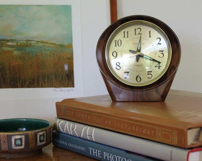 Vintage Faux Bois Alarm Clock, Faux Wood Alarm Clock, Caravelle by Bulova Alarm Clock, Alarm
