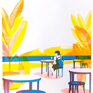 Beach Relax Risograph Print, Mediterranean Limited Edition three colour riso - Coral Yellow Cyan, Riso Prints A3 tri colour art work