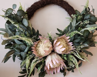 Beautiful 70cm soft Pink King Proteas amongst lush bush foliage wreath | Christmas Wreath | FREE DELIVERY Australian wide