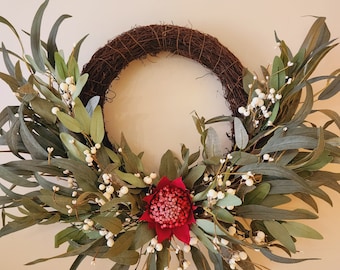 60cm Red Waratah and White Berries with eucalyptus bush foliage wreath | Christmas Wreath | FREE DELIVERY to Australian Addresses