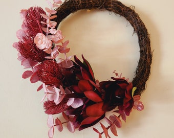 Australian Native Burgundy Leucadendron and Gum eucalyptus wreath | Christmas Wreath | FREE DELIVERY to Australian Addresses