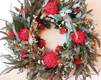 Grand 75cm Red Australian Bush Native Wreath Waratah, Pincushions, white berries, lush eucalyptus gum foliage |FREE DELIVERY Australian wide