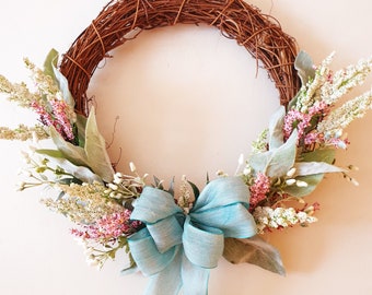 Pastel floral wreath with lambs ear and foliage adorned with a bow | Door Wreath | Wall Wreath |FREE DELIVERY to Australian Addresses