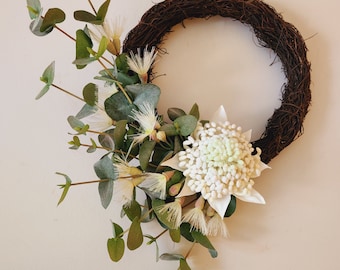 Australian Native White Waratah and Flowering Gum eucalyptus wreath | Christmas Wreath | FREE DELIVERY to Australian Addresses