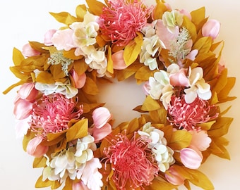 Pincushion Proteas, hydrangeas and mixed foliage wall, door or table Wreath- FREE DELIVERY to Australian Addresses