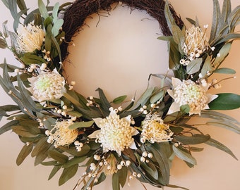 Stunning 60cm Australian Native Wreath with White Waratah's, Pincushion Proteas, berries and bush foliage | FREE DELIVERY Australian wide