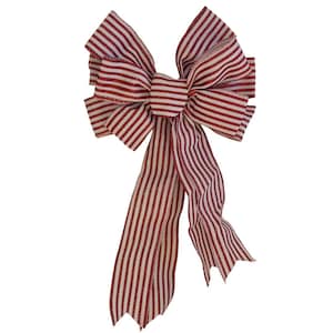 May include: A decorative bow made from red and white striped ribbon. The bow has multiple loops and long tails. The stripes are evenly spaced, giving a classic, festive appearance. Ideal for festive decorations or gift wrapping.