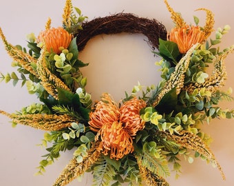 Orange and Yellow Australian Native wreath with pincushion proteas| Christmas Wreath | FREE DELIVERY to Australian Addresses