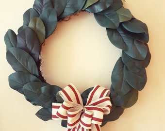 60cm Magnolia Leaf Wreath adorned with a linen Red Striped Bow - 60cm wreath -FREE DELIVERY to Australian Addresses