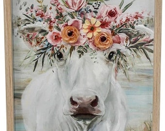 Country Cow with Floral Headpiece Framed | Print / Tactile Artwork | Hanging Artwork | 43x3x53cm