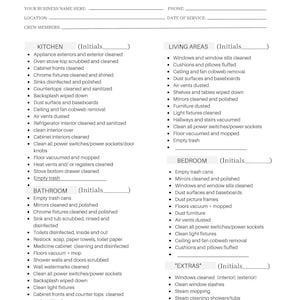 May include: A printable checklist for move-in/move-out cleaning services. The checklist includes tasks for the kitchen, living areas, bathroom, bedroom, and extras. The checklist is formatted with a black and white design.