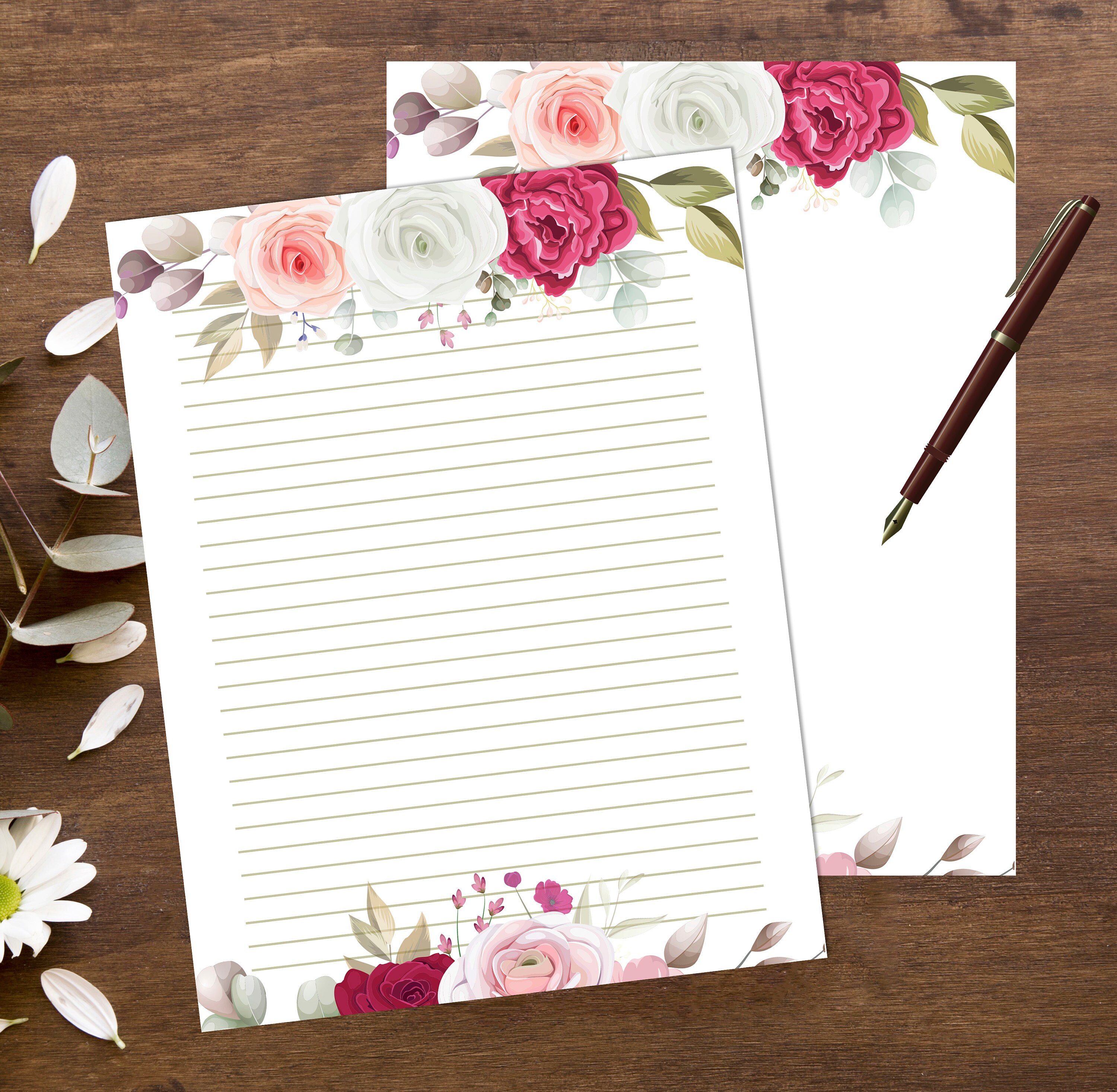 Red roses lined paper letter size autumn rose printable design | Etsy