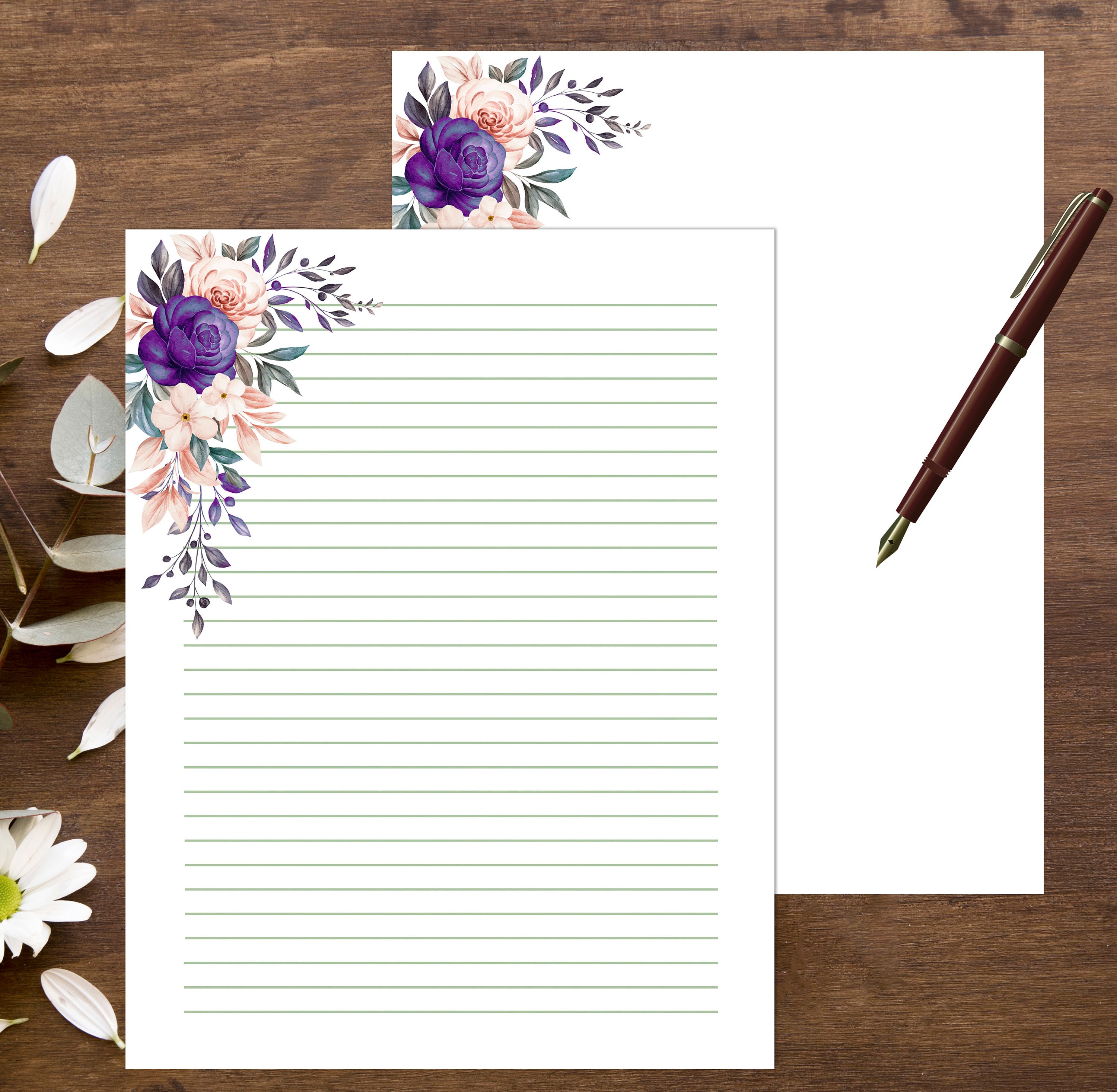 lined paper letter size printable design floral writing paper etsy