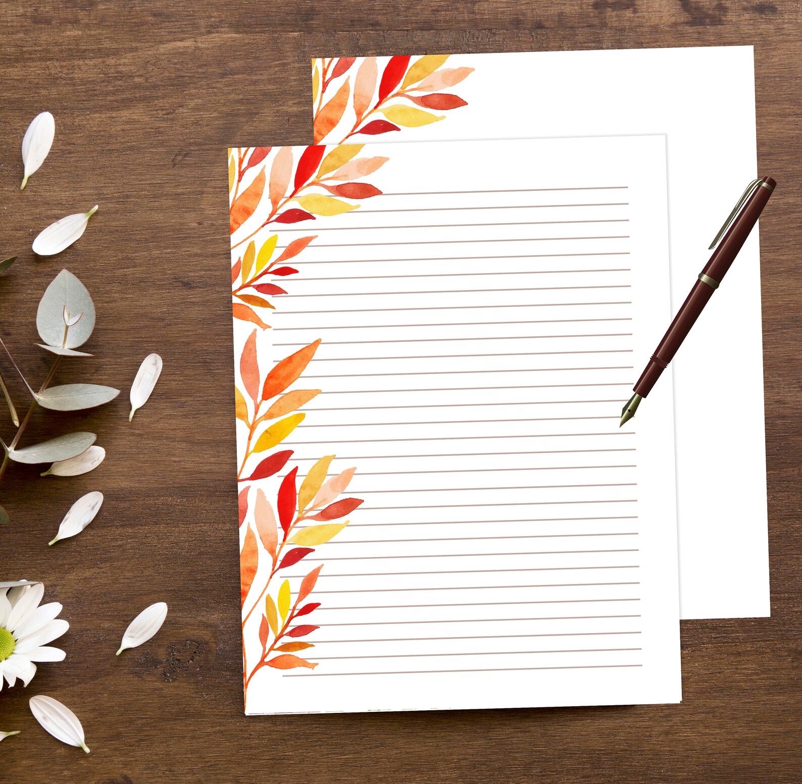 Fall leaves Lined paper printable design fall leaves writing Etsy