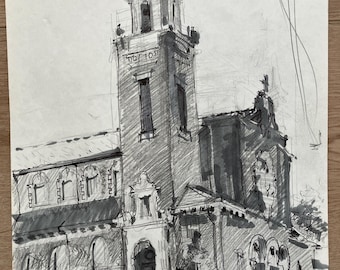 St.Patrick church Indianapolis Original pencil sketch signed by the artist.9x12 inches