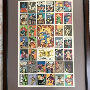 May include: A framed print of a comic book cover featuring The Spirit, a masked crime fighter. The print is a collage of different panels from the comic book, showing The Spirit in various poses and situations. The print is signed by the artist, Will Eisner, and dated 1989.