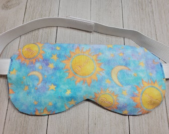 Sun Moon Stars adjustable sleep mask, travel sleep eye pillow, lightweight lavender eye mask for sleep, removable insert, washable cover