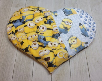 Minions Warmie Heart weighted heart pillow, arthritis pain relief, PMS heatable rice pack, anxiety relief, lavender rice heat pack