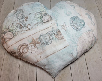 Biggie Heart - Seahorses & Shells heatable rice pack, removable cover, coolable rice pack, lavender heart pillow, weighted pillow