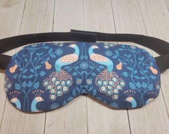 Teal Peacocks adjustable sleep mask, travel sleep eye pillow, lightweight lavender eye mask for sleep, removable insert, washable cover