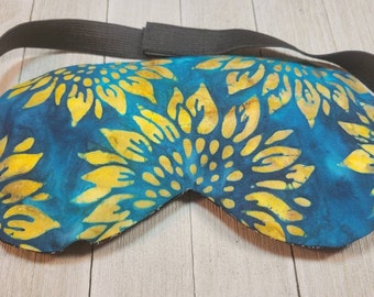 Teal Batik Sunflowers Large weighted sleep mask, adjustable strap, oversized weighted lavender eye sleep mask, removable and washable cover