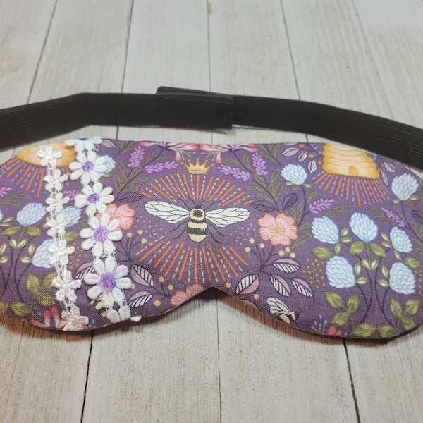 Aubergine Queen Bee yoga eye cover, weighted eye mask, flaxseed eye mask, lavender eye pillow, migraine relief, adjustable strap, sleep mask