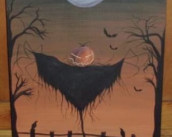 Primitive Sleepy Hollow Sign painting scarecrow Headless Horseman New York Folk Art Halloween Decorations Pumpkins Jack Spooky crows Witches