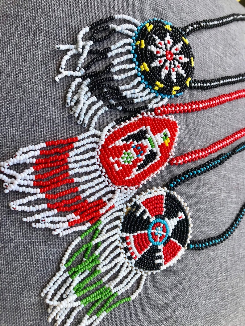 Lot of Three Long Handmade American Indian Leather and Multicolored Seed Bead Necklaces with Fringe